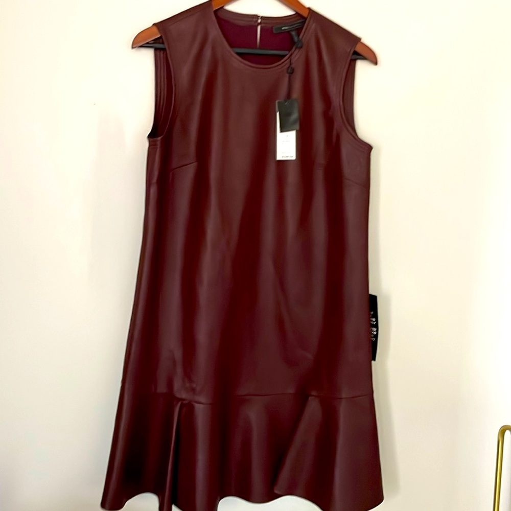 BCBG MaxAzria Sheridan (royal port) burgundy  flounce faux leather dress SZ S